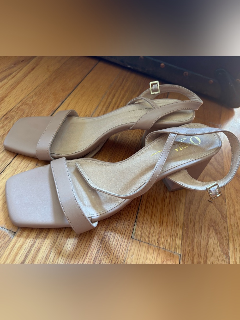 Olivia Jaymes Neutral Square-Toe Block Heel Sandals with Ankle Strap